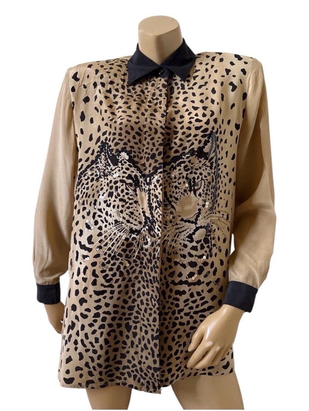 NWT Diane Gilman 100% Silk Leopard Sequin Longline Blouse L